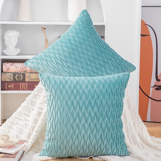 MADIZZ Set of 2 Super Soft Velvet Decorative Throw Pillow Covers 16x16 inch Aqua Square with Texture Luxury Style Cushion Case Pillow Shell for Sofa Bedroom