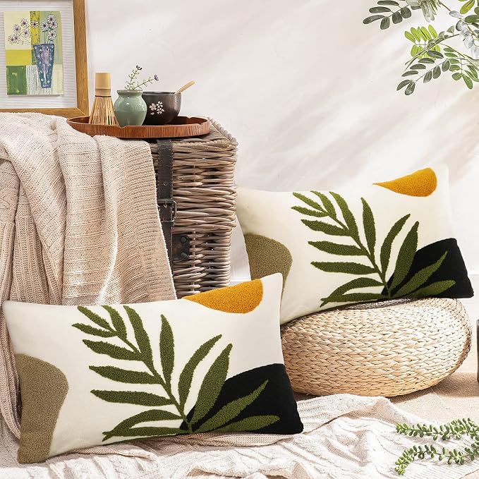 Merrycolor Boho Lumbar Throw Pillow Covers 12x20 Tufted Abstract Mid Century Modern Pillowcases Bohemian Aesthetic Decorative Pillows for Couch Bed Sofa Living Room (1PC,Green and Black)