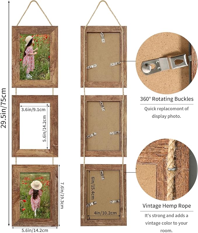 4x6 Collage Picture Frames Set of 2, Rustic Wooden Real Glass Vertical Hanging 3 Opening 4 by 6 Photo Frame, Rustic Brown