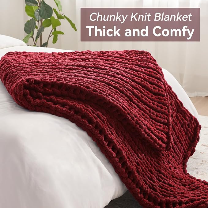 Negwoo Chunky Knit Throw Blanket, Knitted Throw Chenille Yarn, 50"*60" | Soft Thick Cable Knitted Blankets, Handmade Big Thick Blanket, Machine Washable Cute Comfy Blanket for Home Decor, Red
