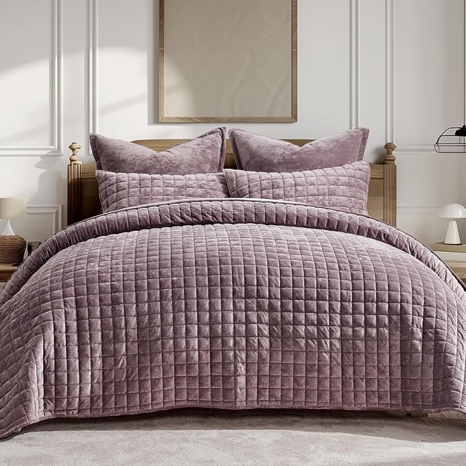 RECYCO Channel Box Stitch Velvet Quilt Set, King Size, Purple | Ultra Soft Lightweight Velvet Comforter, Luxury Oversized Bedspread Coverlet, Quilted Bedding Set for All Season with 2 Shams