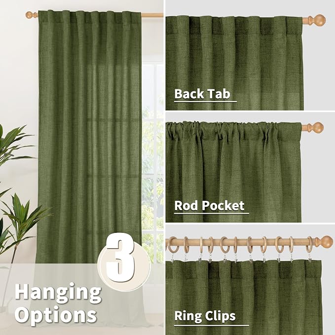 YoungsTex Olive Green Linen Curtains 48 Inch Length, Light Filtering Drapes with Rod Pocket Back Tab for Short Living Room Bedroom Window, 2 Panels, 42 X 48 Inch