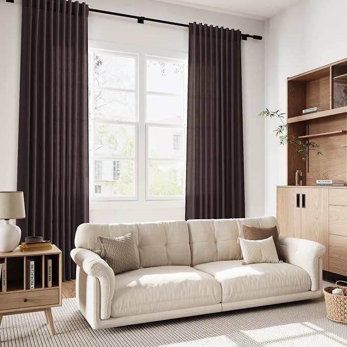 Cocoa Coffee Linen Blend Light Filtering Back Tab Curtains 108 Inches Long, Semi Sheer Privacy Drapes for Living Room & Bedroom, 52x108 inch, 2 Panels