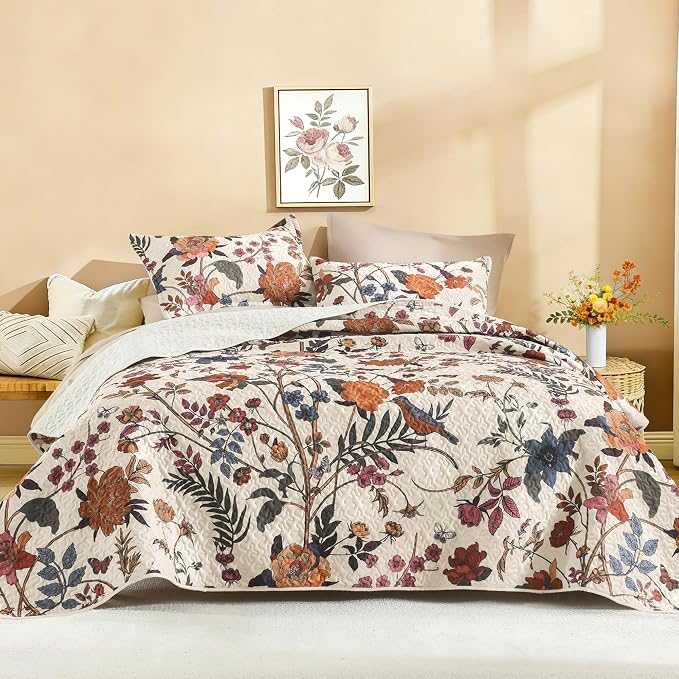 Litanika Floral Light Beige Quilt Queen - 3Pcs Botanical Birds Bedding Set | Bedspread Summer Lightweight Soft Coverlet with Blue Flower for All Seasons (96"x90")