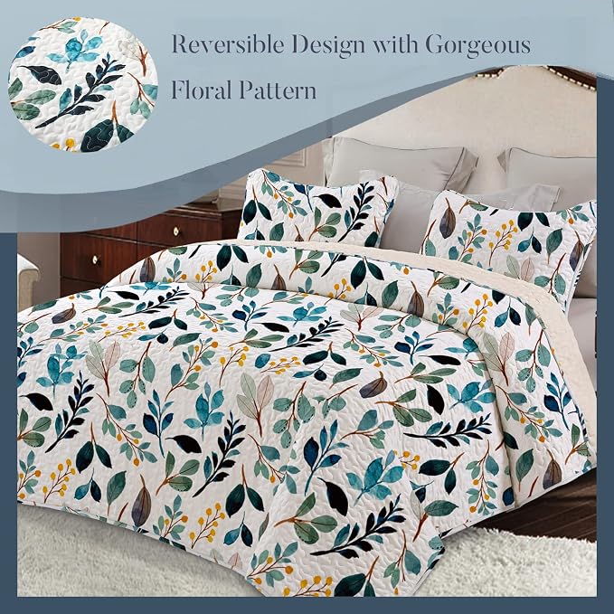 Whale Flotilla California King Size Quilt Set, Soft Floral Leaf Bedspreads | Reversible Lightweight Oversized Quilt Bedding Set for Bed, White Green Printed Coverlets with 2 Pillow Shams for All Seasons