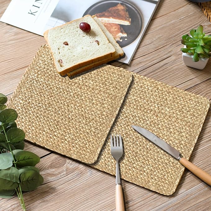 Square Woven Placemats Set of 4 Straw Table Placemat Extra Wide Braided Rattan Place Mats for Square Plates Farmhouse Placemat Wipeable Wicker Outdoor Placemats for Patio Table 13.4''