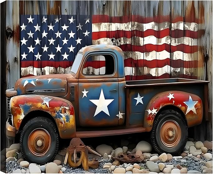Framed Rustic American Flag Vintage Truck Wall Art, Patriotic Farmhouse Canvas Art Pictures, Distressed USA Wall Decor for Garage Man Cave Living Room, Ready to Hang Made in USA