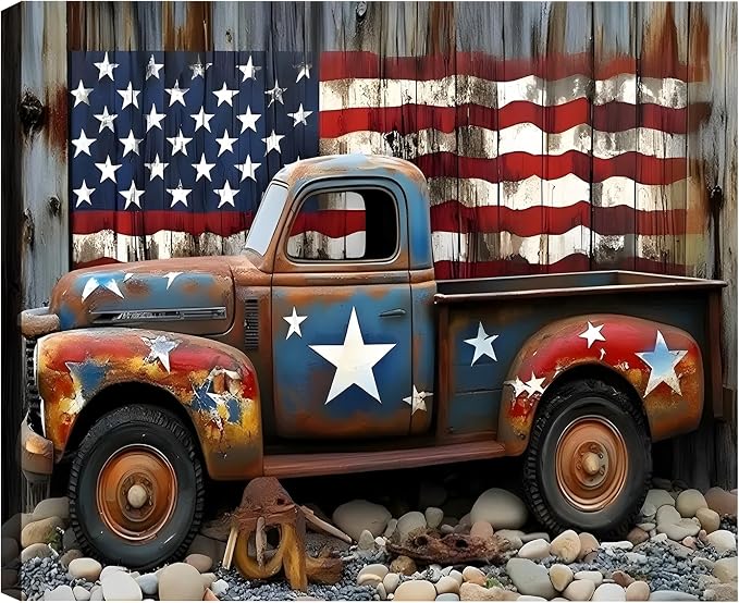 Framed Rustic American Flag Vintage Truck Wall Art, Patriotic Farmhouse Canvas Art Pictures, Distressed USA Wall Decor for Garage Man Cave Living Room, Ready to Hang Made in USA