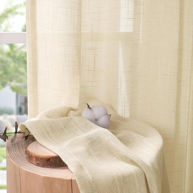 YoungsTex Beige Linen Semi Sheer Curtains 84 Inch Length for Living Room, Light Filtering Window Treatments Textured Drapes with Rod Pocket Back Tab for Bedroom, 2 Panels, 52 X 84 Inch