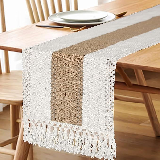 FEXIA Boho Table Runner for Fall Home Decor 12x48 Rustic with Tassels | 48 Inches Long Farmhouse Kitchen Dining Room Macrame Burlap Coffee Table Decoration Dresser Runner Pottery Barn Furniture