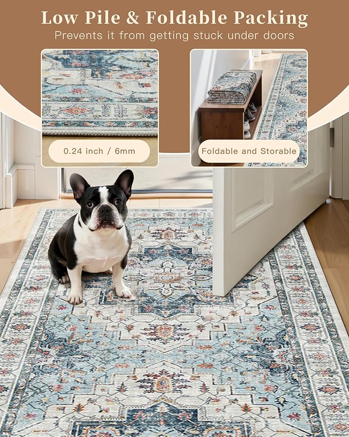 Madane Hallway Runner Rug 3x16 Washable Kitchen Runners Long, Blue | Vintage Non-Slip Wide Area Rugs 16ft for Entryway, Soft Thin Low-Pile Farmhouse Indoor Floor Carpet for Living Room Bedroom