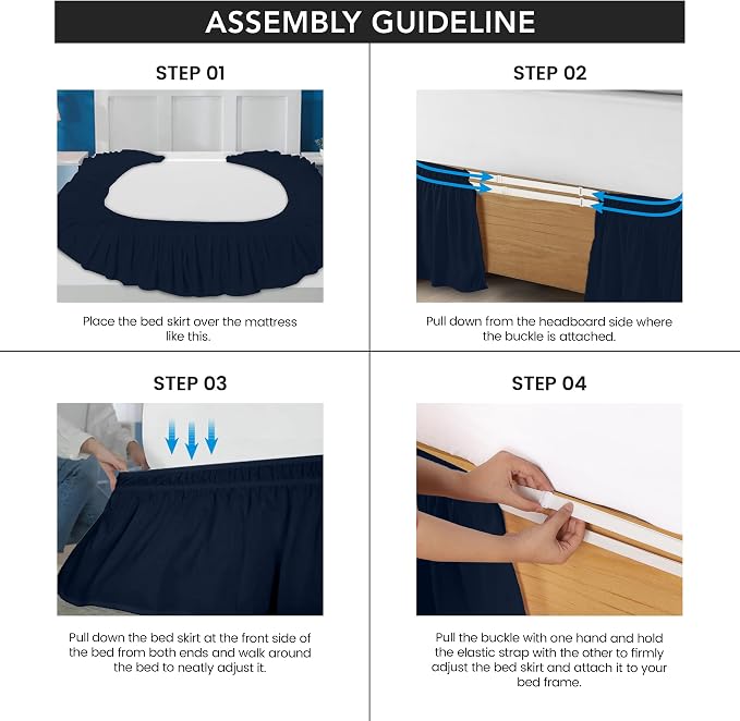 Wrap Around Queen Bed Skirt, Easy Fit Elastic Belt, 16 Inch Drop, Navy | No Mattress Lifting, Stay-Put Design, Adjustable Buckle & Elastic Belt, Wrinkle & Fade Resistant, Brushed Microfiber