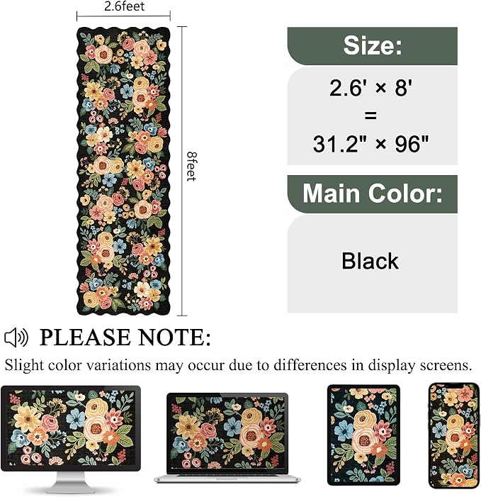 DUKINO 2.6x8 Runner Rug, Floral Washable Kitchen Rugs Non Slip, Black | Low Pile, Stain Resistant, Soft Throw Carpet Runner for Hallway, Entryway, Bedroom, Bathroom, Pet Friendly, Modern Home Decor