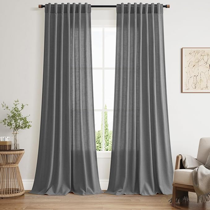Blazer Grey Curtain Linen Blend Light Filtering Back Tab Curtains 96 Inches Long, Semi Sheer Privacy Drapes for Living Room & Bedroom, 52x96 inch, 2 Panels