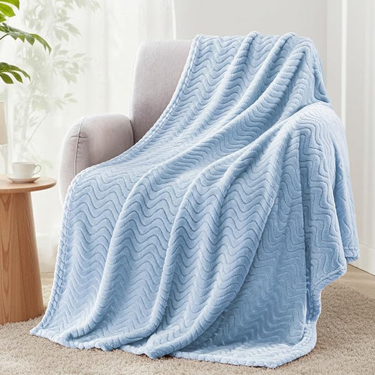 Exclusivo Mezcla Large Fleece Throw Blanket for Couch, Sofa, Light Blue | 50"x70" Soft Breathable Lightweight Flannel Throws for Summer, Plush Cozy Jacquard Wave Blanket for Home Decor