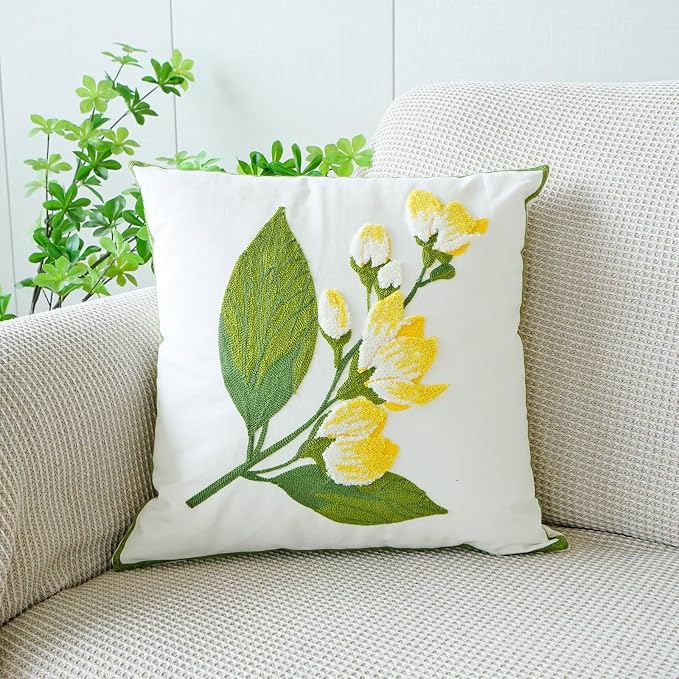 vctops Farmhouse Hibiscus Flowers Cotton Tufted Throw Pillow Cover Spring Floral Embroidery Pillowcase Soft Square Cushion Case for Sofa Couch Bed Chair (Yellow F,18"x18")