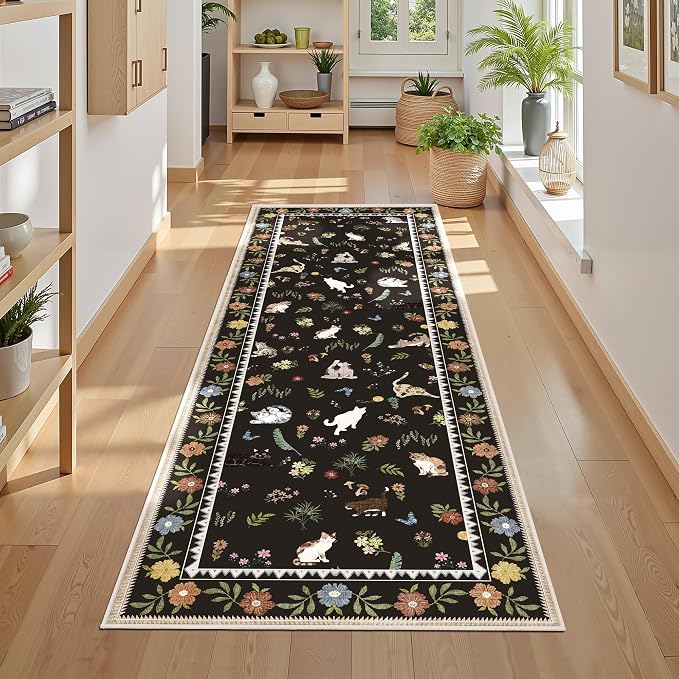 AIMPEAK Black 2x6 Non Slip Runner Rug - Washable Cat Floral Kitchen Carpet with Rubber Backing, Soft Low Pile Long Mat for Kitchen, Laundry Room, Bedroom, Bathroom, Hallway, Black Multi