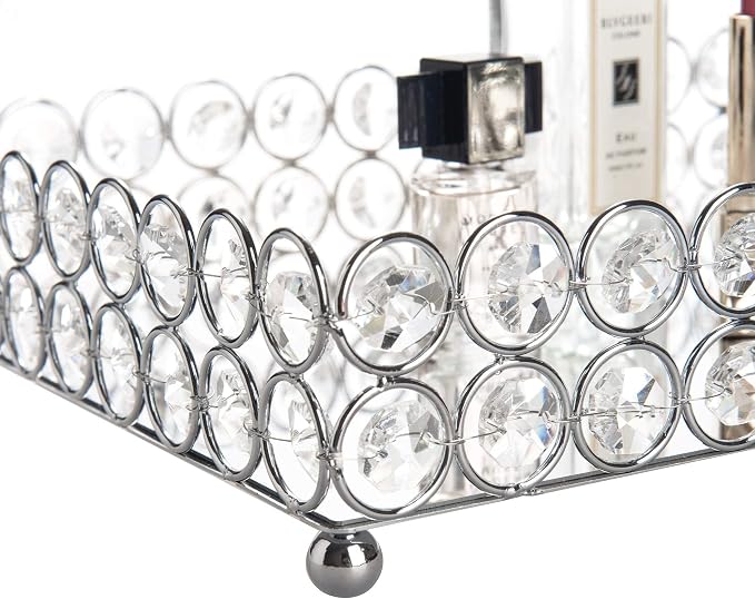 Feyarl Crystal Vanity Makeup Perfume Tray Ornate Jewelry Trinket Organizer Cosmetic Decorative Tray Skin Care Storage for Home Dressing Table Wedding Decoration(Rectangle 12" x 8")