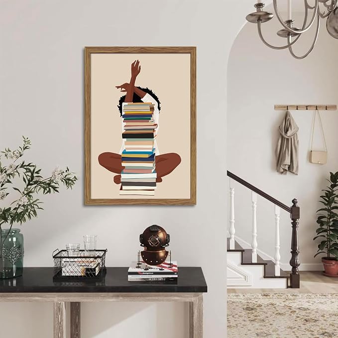 AKWISH Wood Framed Black Girl Canvas Wall Art – African American Wall Decor, Modern Black Woman with Book Art for Bedroom Living Room – 36x24 inch