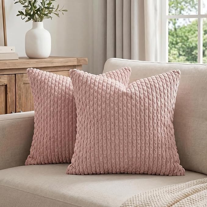Fancy Homi 2 Packs Blush Pink Decorative Throw Pillow Covers 16x16 Inch for Couch Bed Sofa, Modern Farmhouse Boho Home Decor, Soft Cute Plush Corduroy Cushion Case 40x40 cm