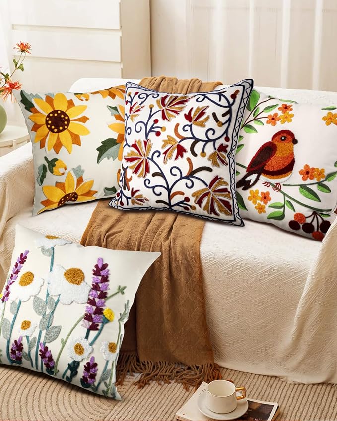 Embroidered Throw Pillow Cover - 18x18 Decorative Pillow Cover with Zipper Aesthetic Cute Design Boho Spring Summer Throw Pillowcase for Living Room Couch Sofa Bed, Fall Flower