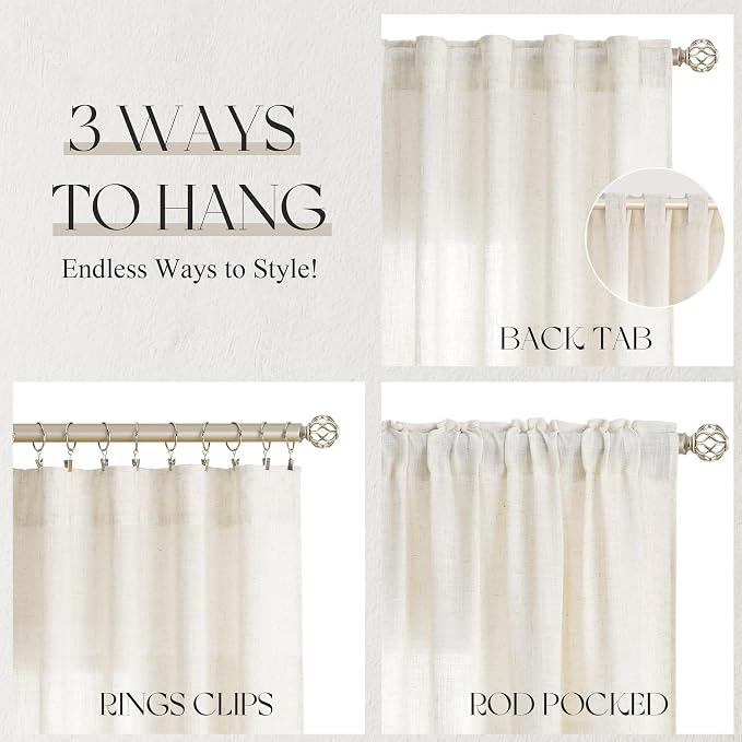 Jowels Natural Linen Curtains 80 Inch Long 2 Panels for Living Room | Ivory Light Filtering Sheer Curtain,Back Tab Pocket Pleated Look,Modern Farmhouse Textured Privacy Drapes for Bedroom Window
