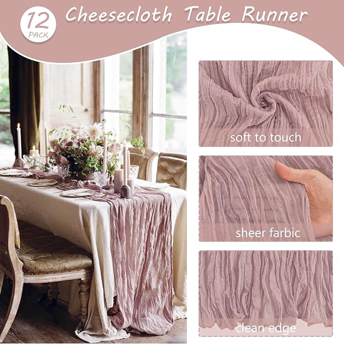12 Pack 10Ft Cheesecloth Table Runner 35x120 Inch Boho Gauze Rustic Cheese Cloth Long Romantic Table Runner for Wedding Bridal Shower Birthday Party Table Decor (Dusty Pink)
