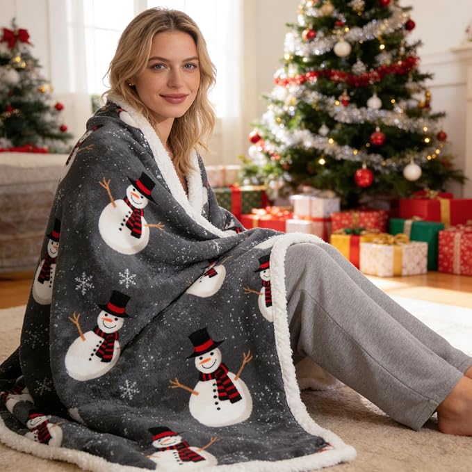 Catalonia Snowman Blanket, Holiday Theme Sherpa Fleece Throw, Blanket for Couch and Bed, Christmas Blanket | Super Soft, Comfy, Cozy, Fluffy, Warm | 50x60 inch, Grey