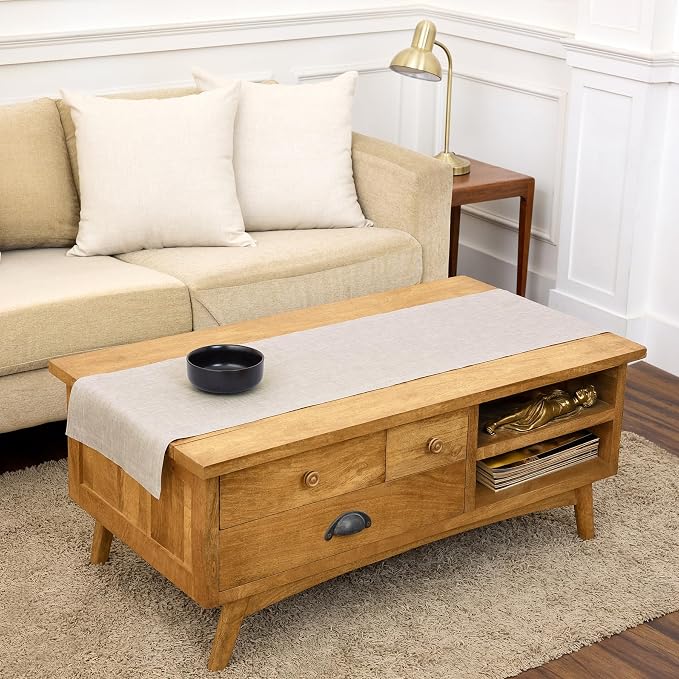 Solino Home 100% Pure Linen Table Runner Natural Woven, Athena 14 x 48 in | dresses up dining tables for everyday meals, European flax fibres, machine washable, Light Natural, soft, OEKO-TEX Certified