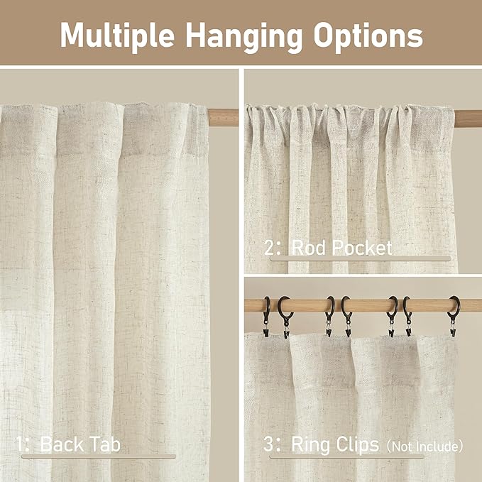 63 Inch Semi Sheer Linen Curtains for Bedroom Living Room, 2 Panels | Light Filtering Panels, Linen Textured, Neutral Drapes for Small Windows, Rod Pocket Back Tab, Natural, 34 x 63 Inch