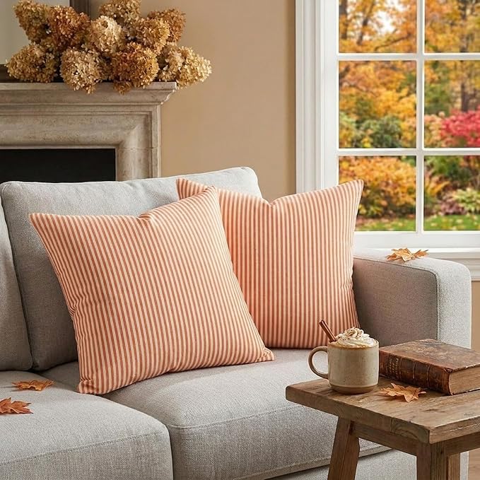 Burnt Orange Fall Striped Couch Pillow Covers 18x18, Autumn Pillow Covers | Set of 2, Thanksgiving Autumn Pillow Cover 18 x 18, Cojines De Otoño Para Sala, Aesthetic Fall Decor, Fall Sofa Couch Bed