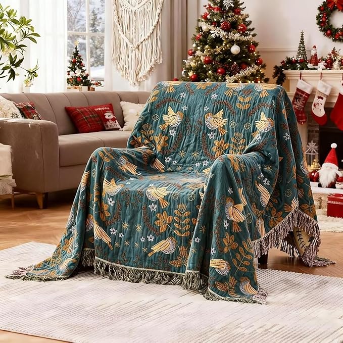 Boho Throw Blanket for Bed 100% Cotton Bohemian Blankets Ultra Soft Woven Muslin Decorative Blankets All Seasons Vintage Quilt Knitted Blanket for Sofa Chair(Blue, 50"x60")