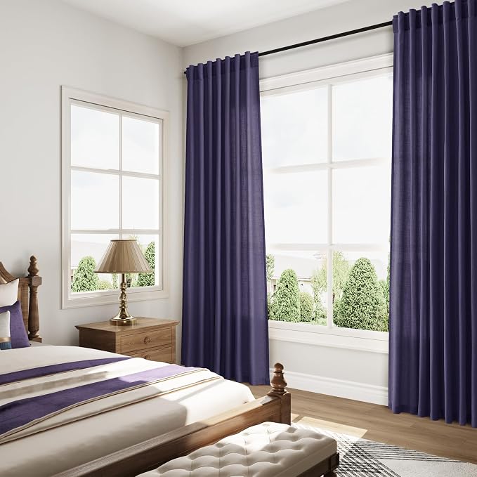 Purple Linen Blend Light Filtering Back Tab Curtains 102 Inches Long, Semi Sheer Privacy Drapes for Living Room & Bedroom, 52x102 inch, 2 Panels