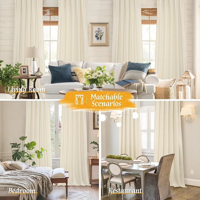 Light Beige Linen Textured Curtains 63 inch Length for Living Room | Light Filtering, Semi Sheer, Privacy Protected, Window Treatments, Drapes for Bedroom, Rod Pocket, 2 Panels, 52 x 63 Inch