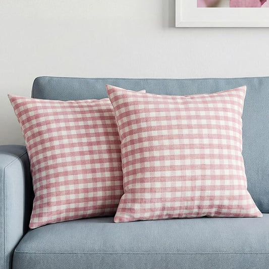 Cute Pink And White Gingham Plaid Pillow Covers 18x18 Set of 2, Light Pink Living Room Decor Throw Pillows For Bed Couch, Farmhouse Outdoor Square Cushion Covers 18 x 18 (No Pillow Inserts)