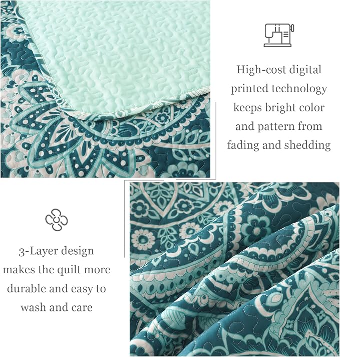 Whale Flotilla Patchwork Quilts Queen Size, Soft Boho Paisley Bedspreads | Reversible Lightweight Full Queen Quilt Bedding Set for Bed, Turquoise Printed Coverlets with 2 Pillow Shams for All Seasons