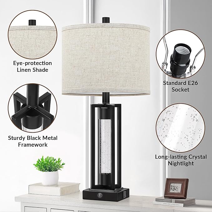 TOBUSA 26" Black Farmhouse Table Lamps Set of 2 with Crystal Night Light