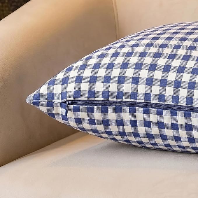 CARRIE HOME Navy Blue Plaid Outdoor Throw Pillow Covers 18x18 Set of 2 Blue and White Gingham Pillow Covers Farmhouse Decor for Bedroom and Christmas Holiday