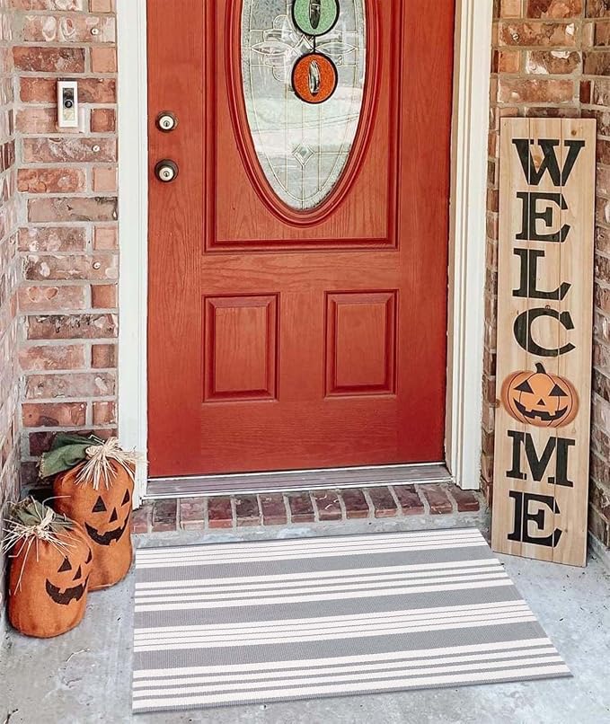 Grey and White Outdoor Doormat 24"x35"Cotton Washable Striped Outdoor Rug | Hand-Woven Cotton Outdoor Front Porch Rug For Entryway Combined With Hello Welcome Mat