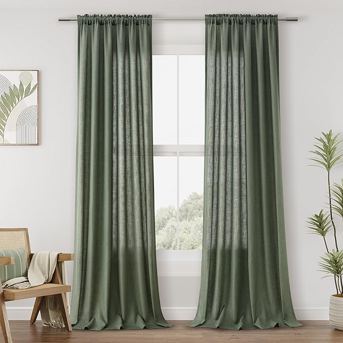 Olive Green Linen Curtains 96 Inch Length for Living Room Bedroom 2 Panels Set Rod Pocket Light Filtering Semi Sheer Window Curtains 52 Inch Width Boho Farmhouse Linen Drapes, W52xL96