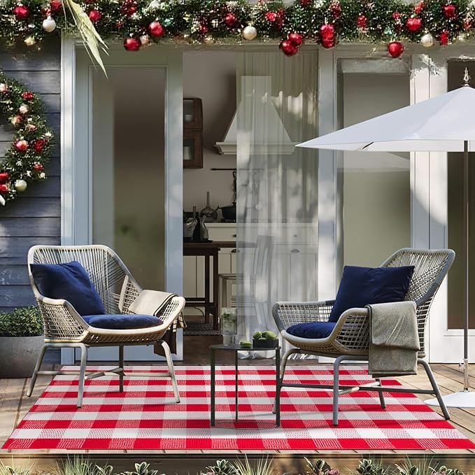 Christmas Buffalo Plaid Rug 4x6 Ft, Red White Indoor Outdoor Rug | Cotton Blend, Hand-Woven Look, Machine Washable, Layering Rug, Porch Entryway Decor