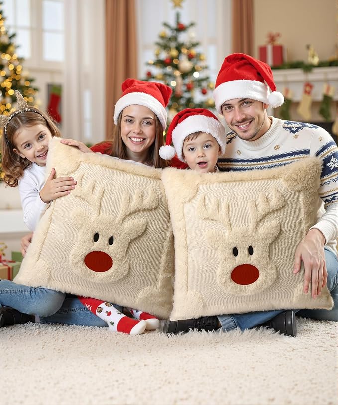 Christmas Pillow Covers Set of 2 Soft Plush Faux Fur Pillow Cases 3D Embroidered Decorative Couch Cover Home Decor Christmas Throw Pillow Covers 18x18,Beige Reindeer