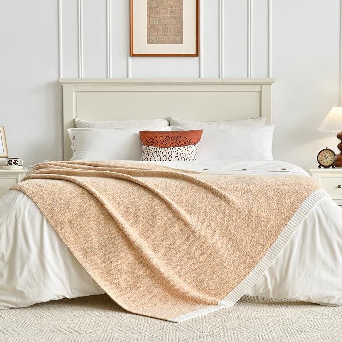 Chunky Knit Boucle Throw Blanket, Soft Washable Coastal Blanket for Bed Couch, Lightweight Cozy Oversized Feather Knit Blanket Indoor Outdoor for Sofa (Beige, Throw 50"x60")