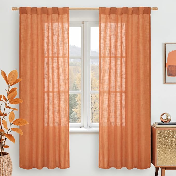 Burnt Orange Semi Sheer Linen Curtains for Bedroom Living Room | 72 Inch Length, Light Filtering, Neutral Drapes for Window Treatment, Rod Pocket Back Tab, 2 Panels, 34 x 72 Inch