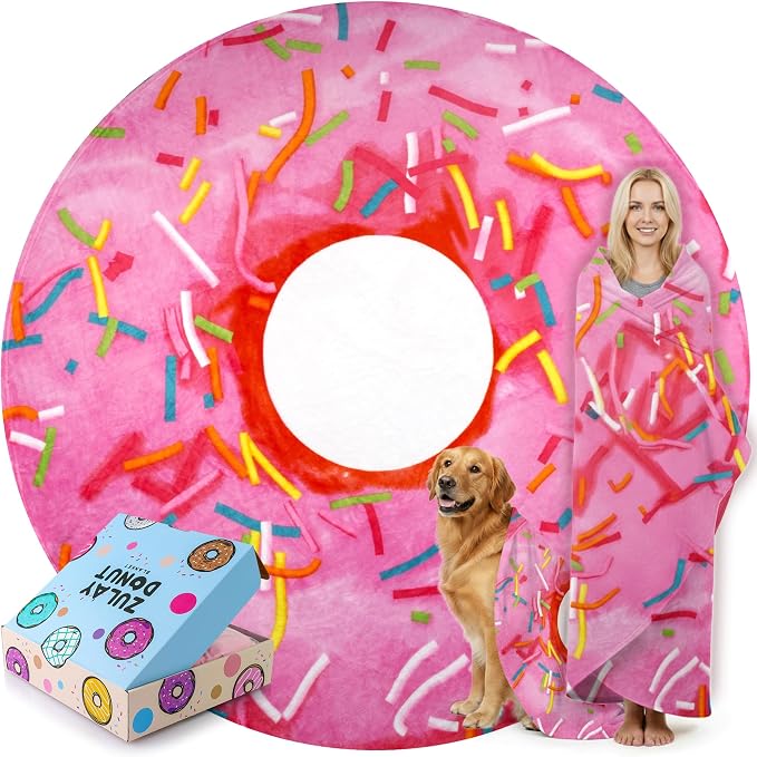Zulay Kitchen Giant Double Sided Glazed Donut with Gift Box Packaging - Novelty Blanket for Adults & Kids - Soft Flannel Round Glazed Donut Blanket for Indoors, Outdoors, Home 285 GSM - 71 Inches