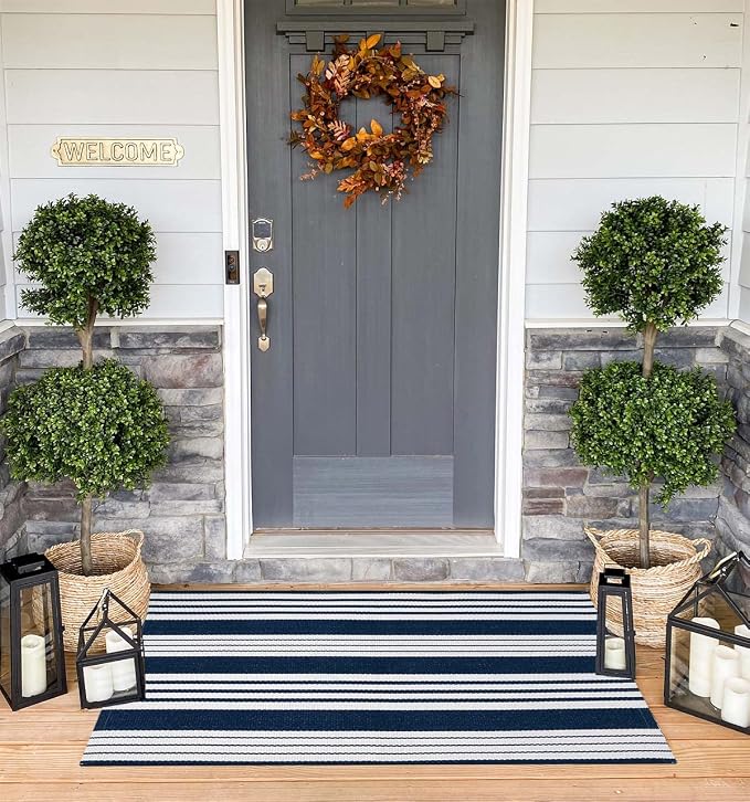 Blue and White Outdoor Rug 24"x51"Washable Cotton Farmhouse Front Porch Rug | Hand-Woven Cotton Indoor Outdoor Layered Doormat For Entryway Combined With Hello Welcome Mat