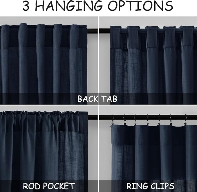 Navy Blue Linen Curtains 96 inches Long for Bedroom Back Tab Light Filtering Privacy Sheer Blue Curtains Boho Farmhouse Nautical Decor Indigo Blue Cotton Textured Draperies 2 Panel Set 52x96