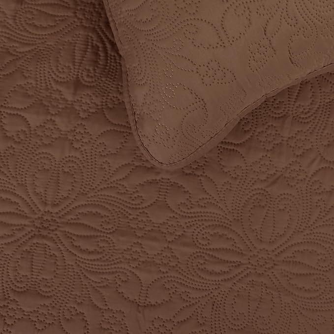 Easy-Going Reversible Quilt Set Twin, Bedspread with 1 Shams | Damask-Brown/Beige, Lightweight Microfiber Bed Comforter, 1 Quilt + 1 Pillow Shams, All-Season Coverlets for Bedroom