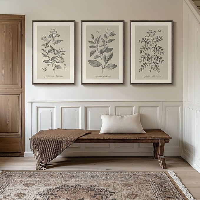 Large Framed 3 Piece Vintage Botanical Wall Art for Living Room, 24x36 In | Rustic neutral plant pictures, Wood frame, Canvas prints, Farmhouse wall decor, Bedroom kitchen hallway dining room artwork