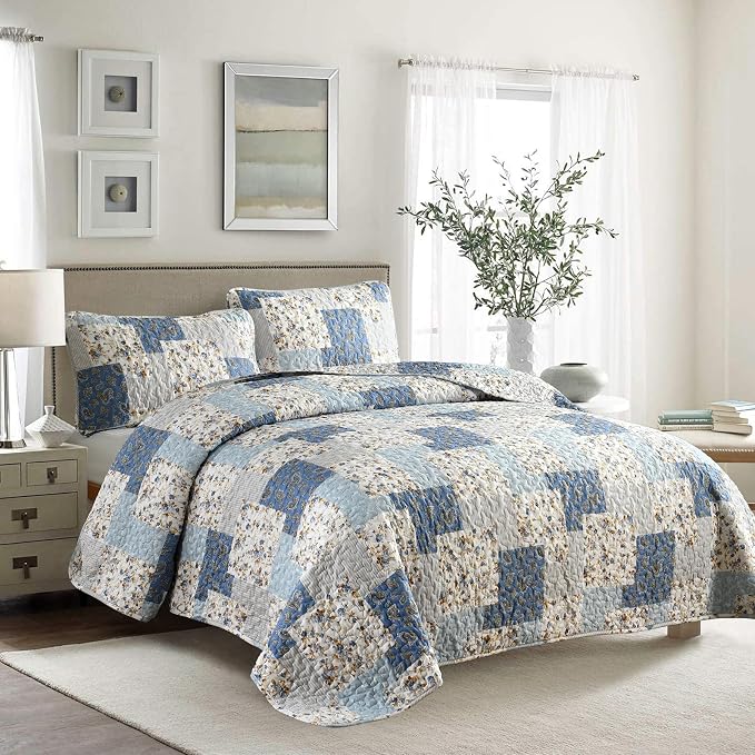 Mybedsoul Boho Quilts Queen Size, Floral Patchwork Bedding Set, Light Blue | Soft Lightweight Microfiber Coverlet Set, 3 Pieces Plaid Reversible Bedspread, Bed Sets for All Seasons 96"x90"
